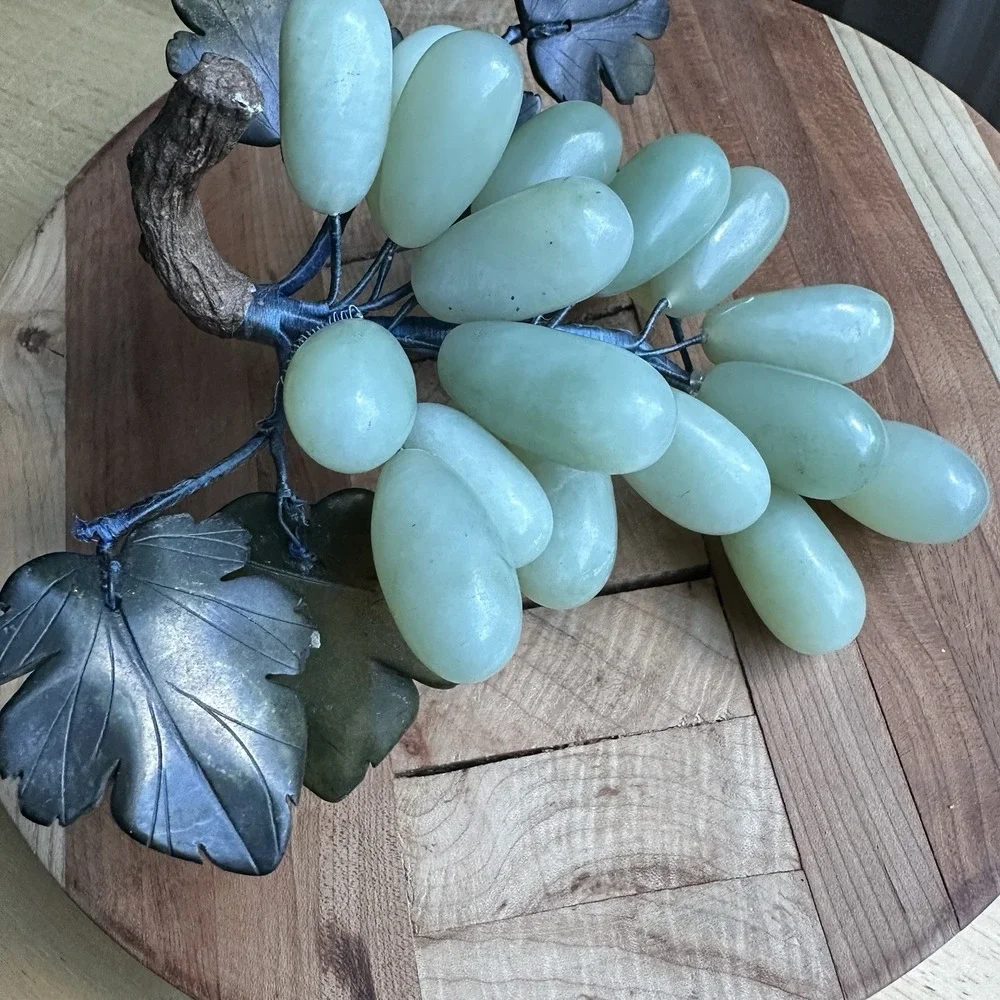 Vintage Grape Cluster 7 Inch Nephrite Jade Alabaster Leaves Mid Century Decor
